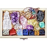 AtPerry's Healing Crystals Set - 16 Real Chakra Crystals &amp; Stones for Stress &amp; Anxiety Relief, Wooden Gift Box + Guide Book, Selenite Amethyst Rose Quartz Tourmaline - Gift for Women