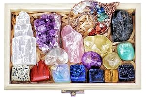 AtPerry's 16 LARGE Natural Healing Crystals Set in Wooden Box - Tumbled, Rough & Raw Crystals, Including Selenite Tower, Black Tourmaline, Amethyst, Rose Quartz, Lapiz Lazuli, Citrine & Tiger's Eye