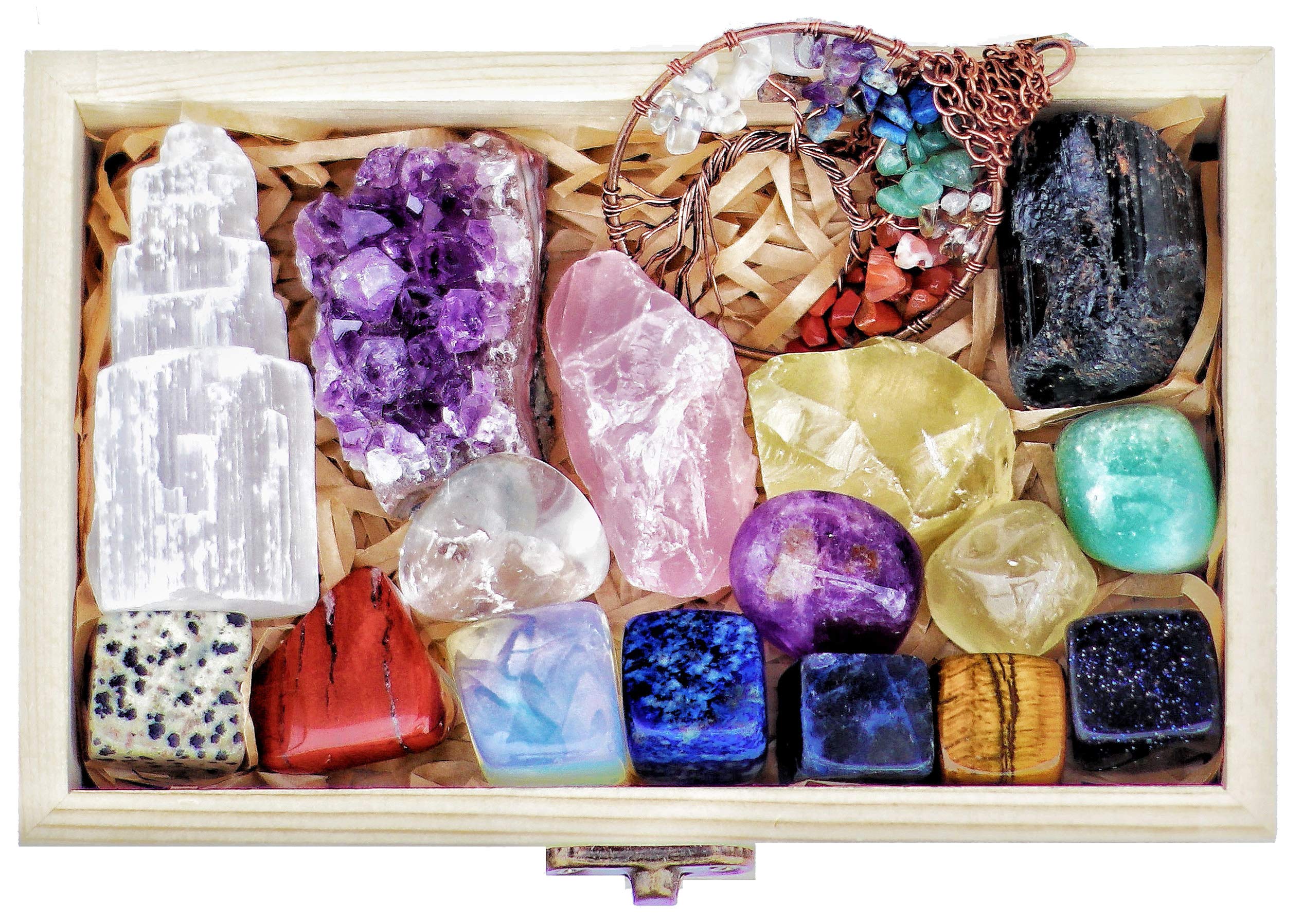 16 Natural Healing Crystals Set in Wooden Box - Tumbled Gemstones, Rough & Raw, Including Selenite Tower, Raw Black Tourmaline, Amethyst Geode, Rose Quartz, Lapiz Lazuli, Citrine & Tiger Eye