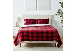Amazon Basics 3 Piece Bedding Set, Micromink Sherpa, Ultra-Soft, Warm All Season Comforter, Full/Queen, Red Buffalo Plaid
