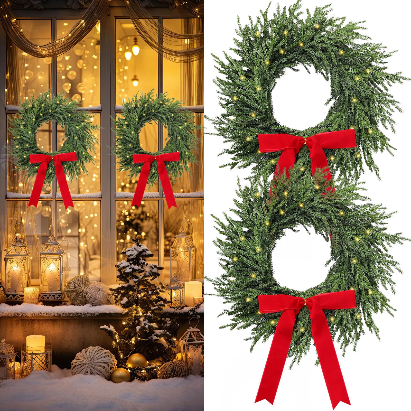 Photo 1 of Daifunli 2 Pcs Light Up Christmas Norfolk Pine Wreaths with Bow 20 Inch Lighted Real Touch Xmas Wreaths Pre-Lit LED Artificial Realistic Wreath for Indoor Outdoor Windows Porch Wall Home Decor