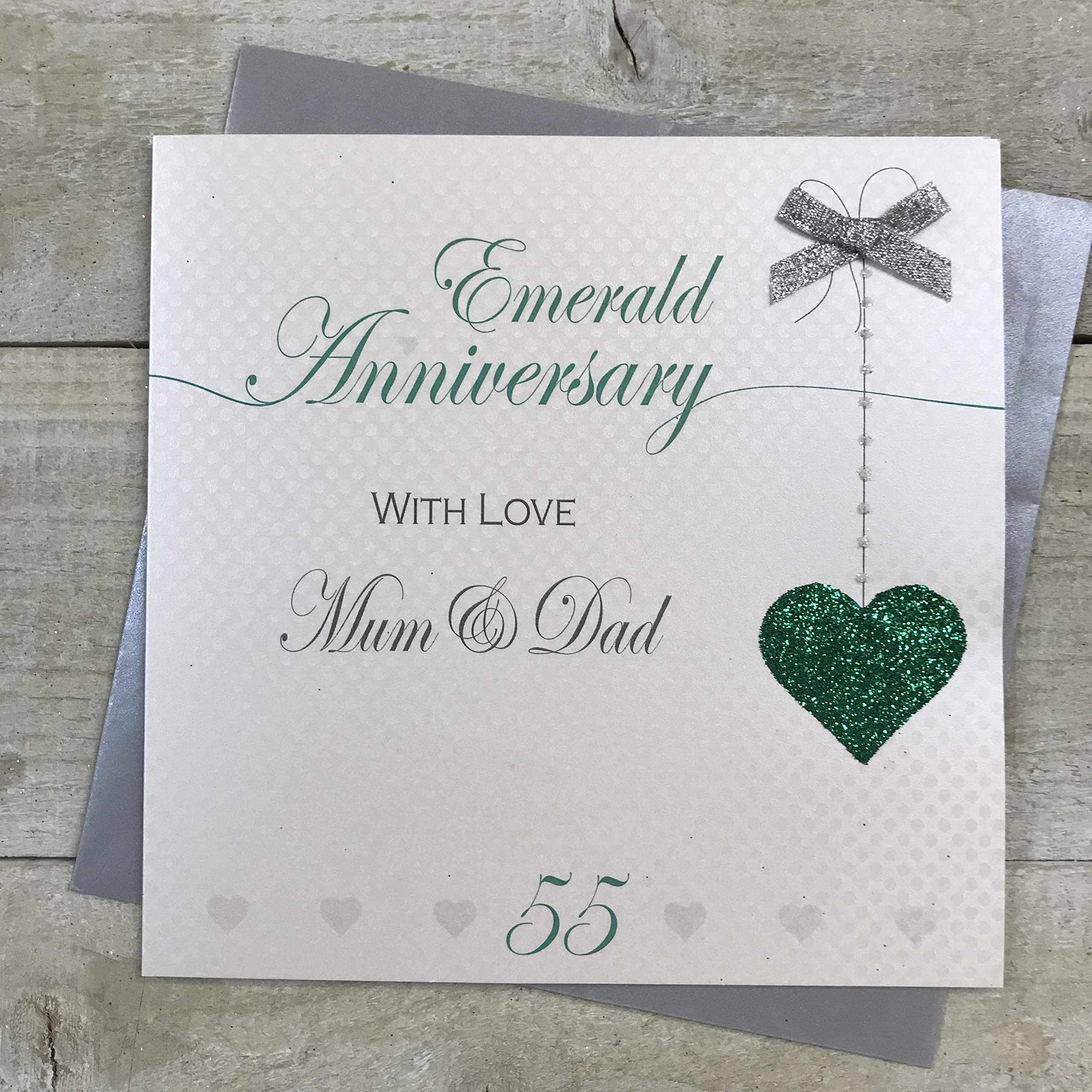 Mum & Dad 55th Emerald Wedding Anniversary Handmade Card - Love Lines - by WHITE COTTON CARDS LLA55MD, grey|white|black,16cm x 16cm