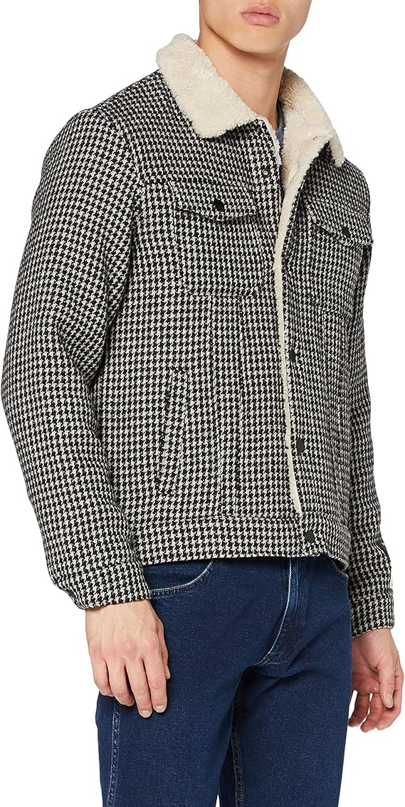 Scotch & Soda Men's Sherpa Lined Wool-blend Houndstooth Trucker Jacket : Amazon.co.uk: Clothing