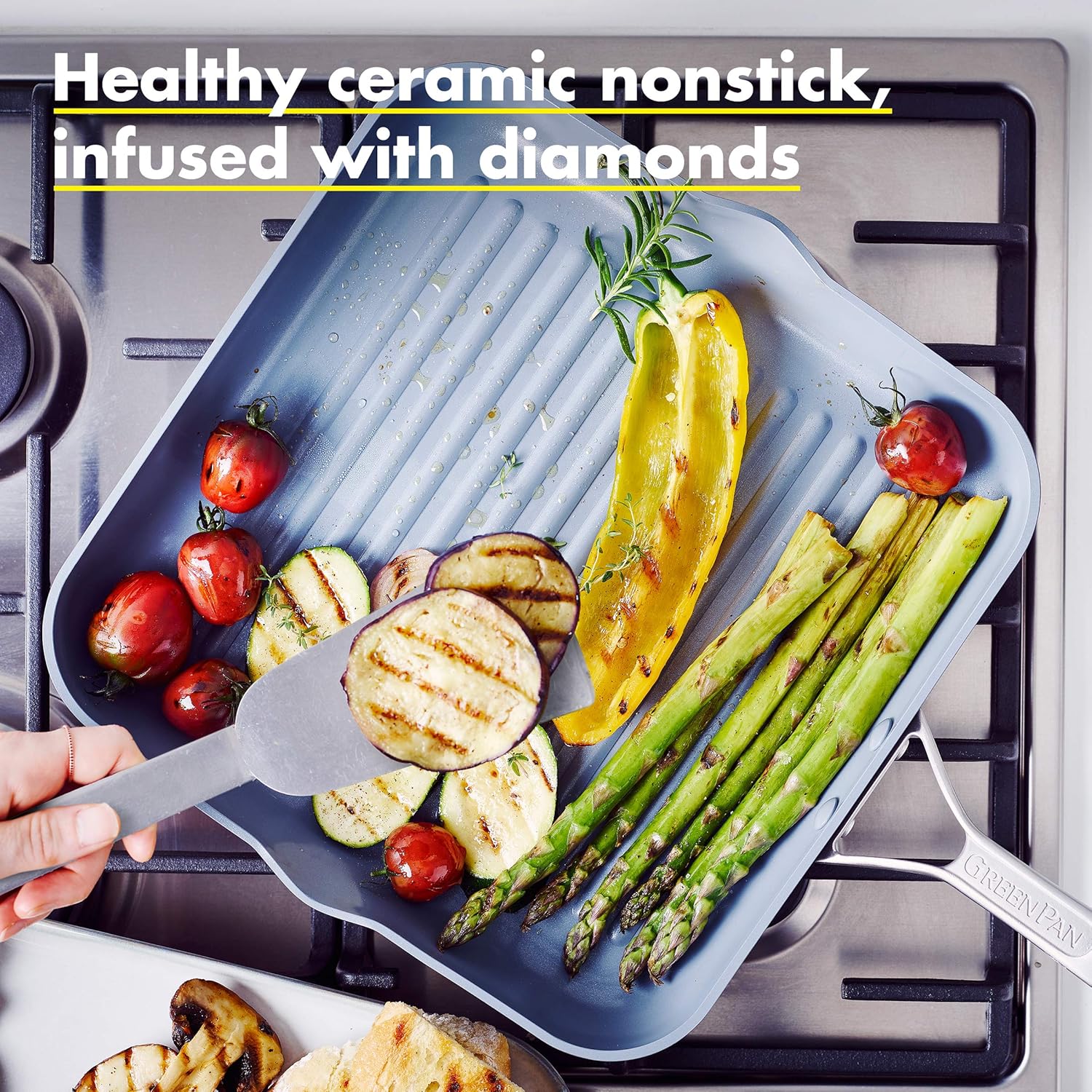 GreenPan Paris 11 Inch Ceramic Non-Stick Square Grill Pan, Gray -: Green Pan With Thermolon: Kitchen & Dining