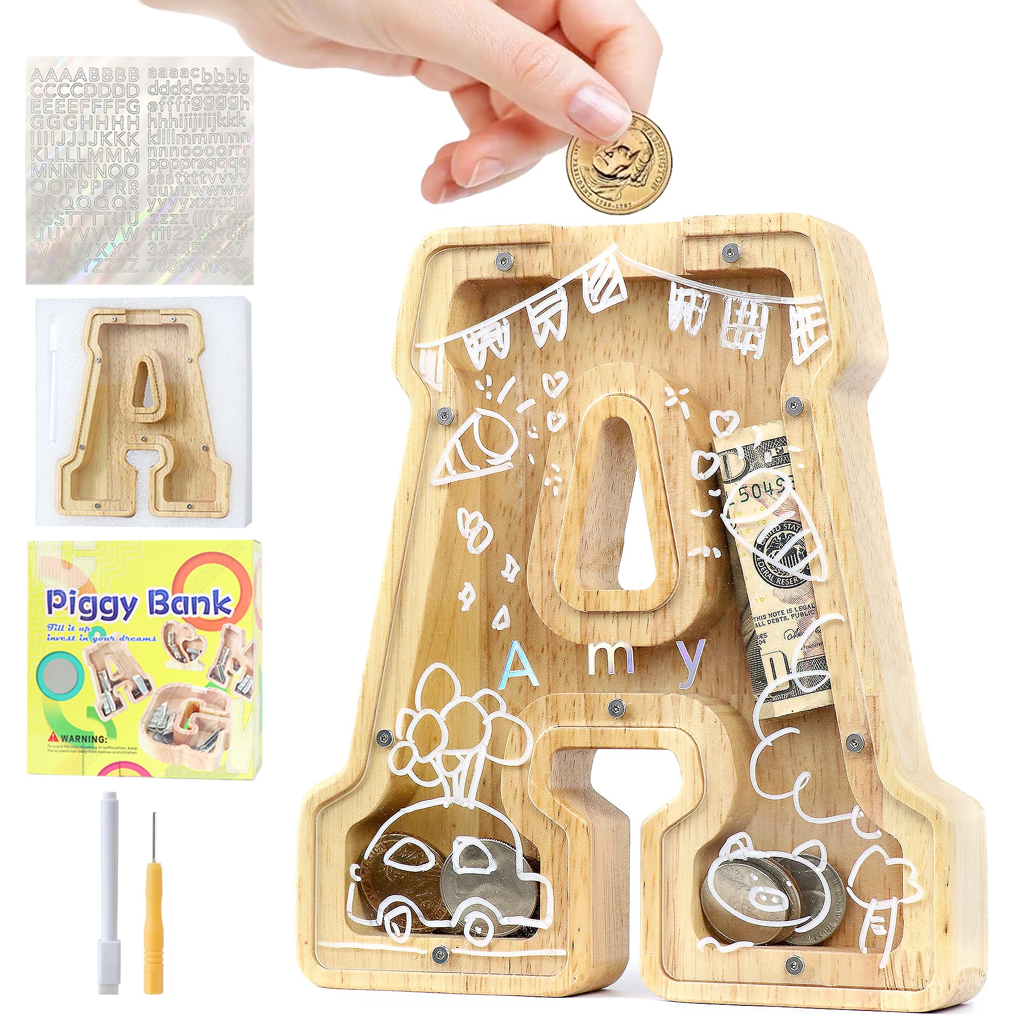 Mikytoper Money Box for Kids, Wooden Letter Piggy Banks for Kids, Personalized Money Box Clear Money Bank, Boys Girls Toddler Birthday Festival Gift (A)