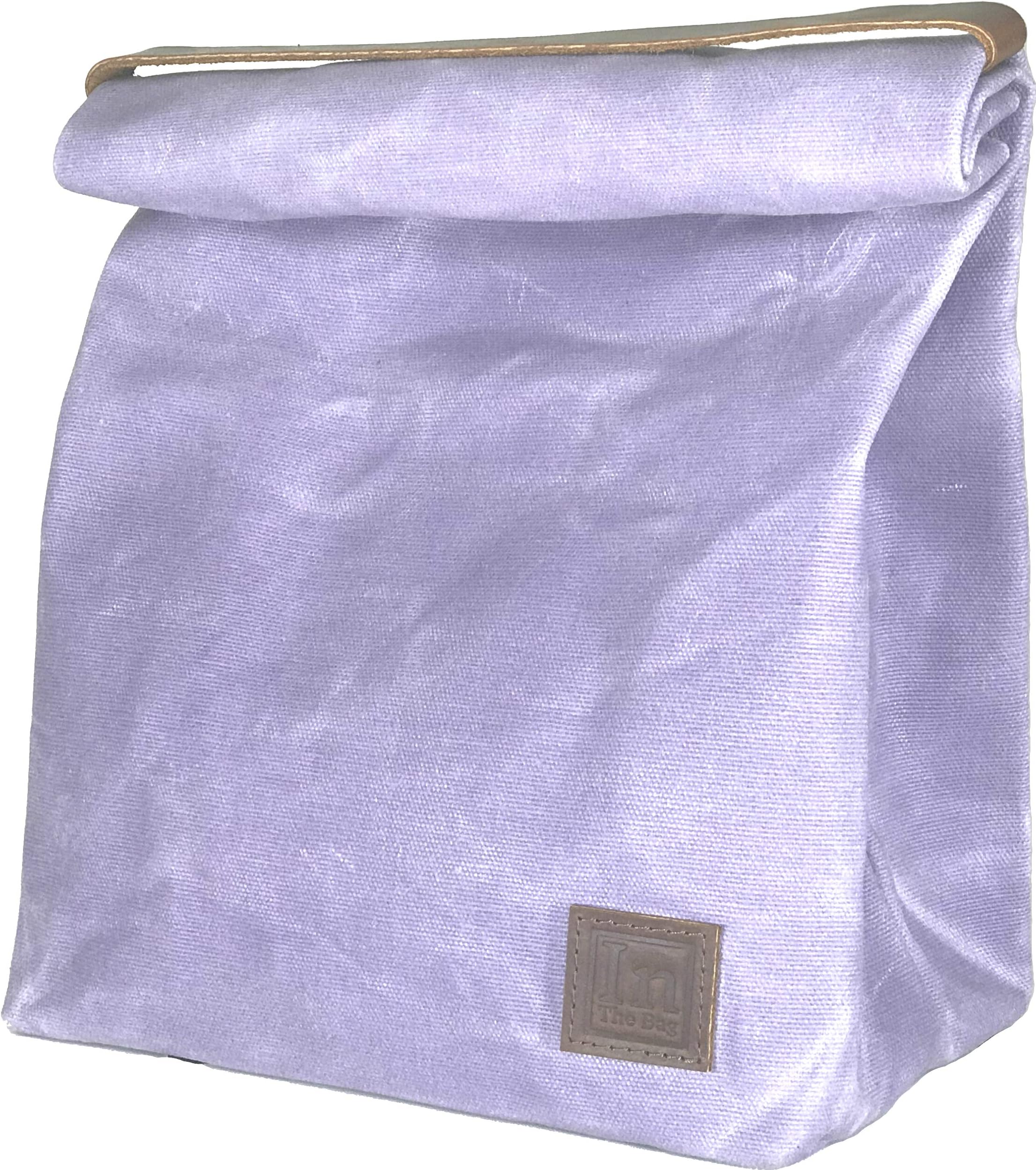 Lunch Bag (Lunch Box) Large Lined Waxed Canvas Roll Top Tote Bag; Leather Handle and Brass Snap Closure - Periwinkle Gray/Lilac/Lavender - by In The Bag
