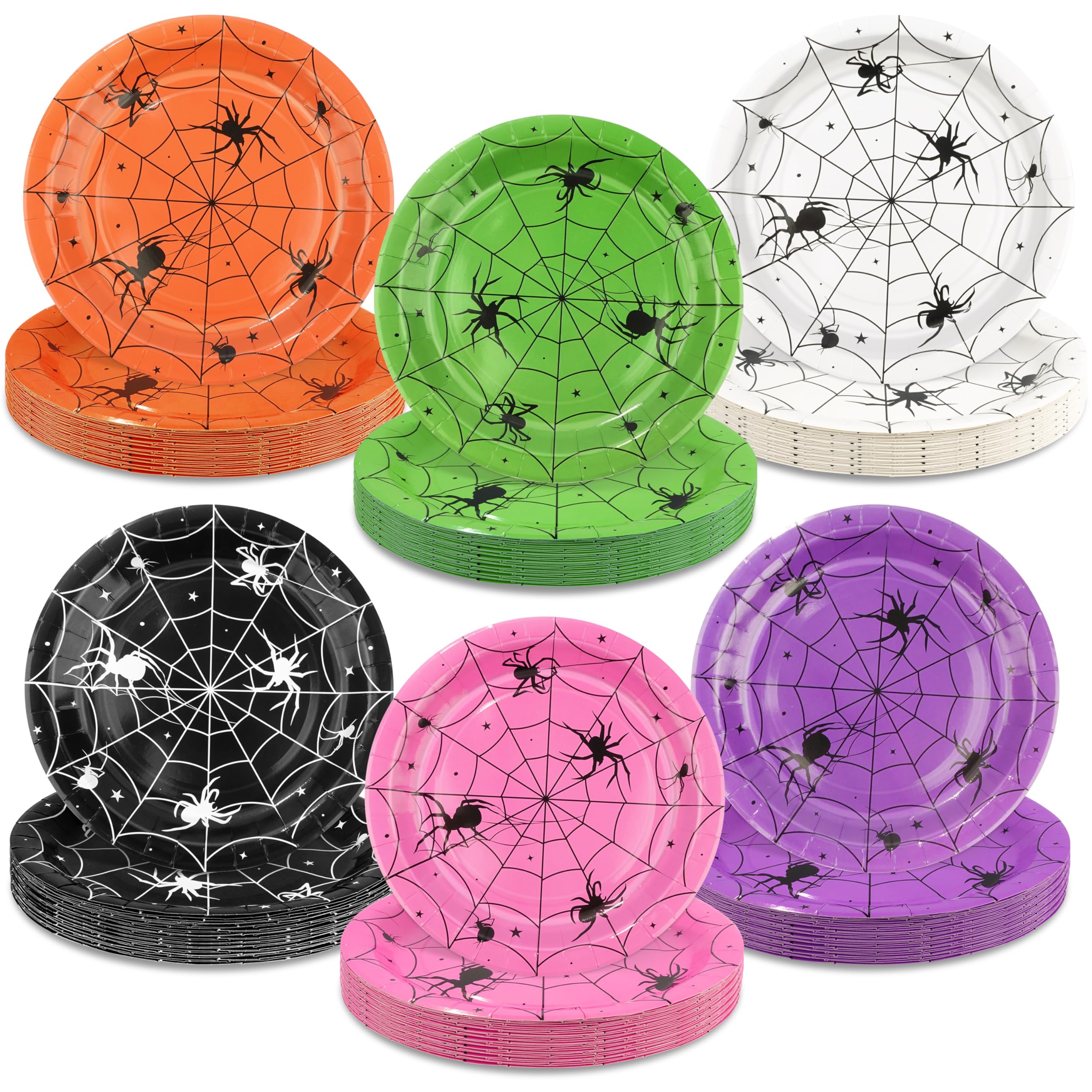 Photo 1 of 60 Pcs Halloween Paper Plates 9 Inch Disposable Spider Dessert Plates Spiderweb Tableware Dinnerware for Halloween Birthday Baby Shower Party Decor Supplies, 6 Colors