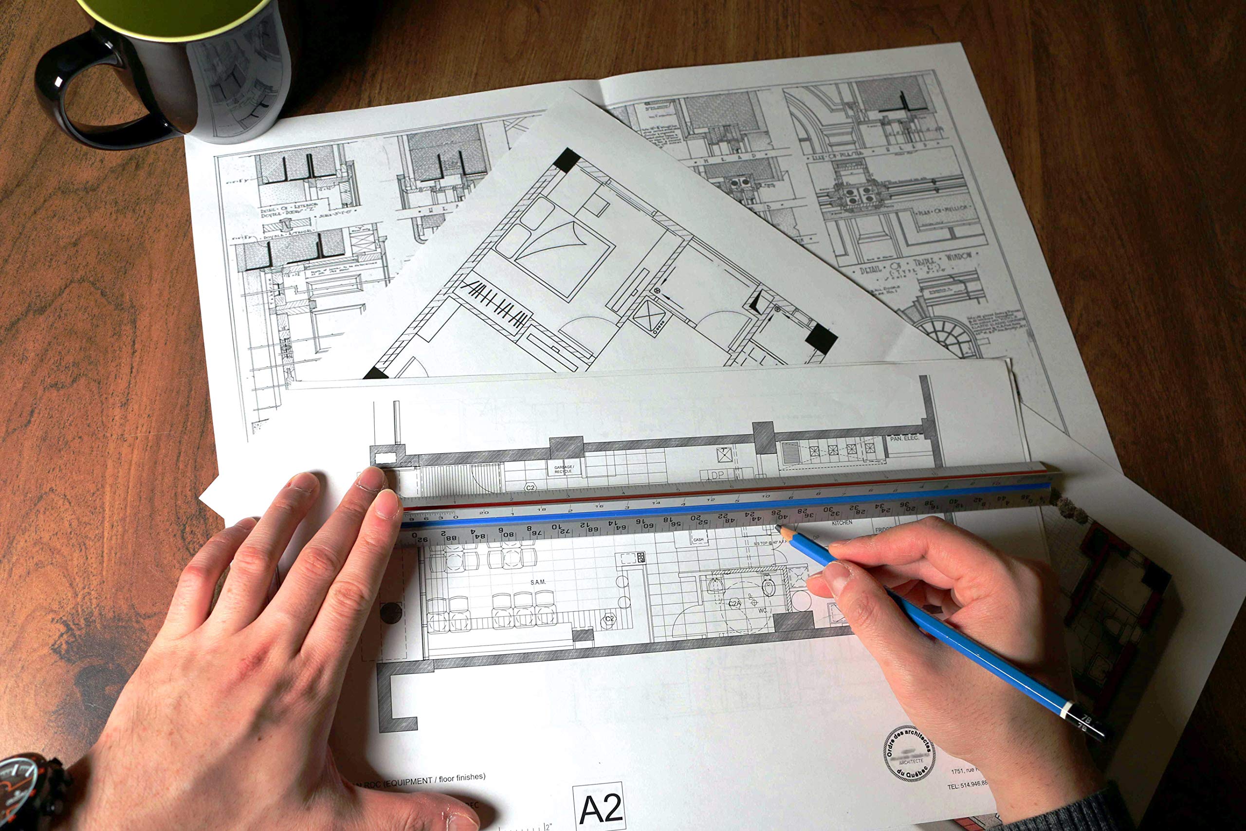 RAM Solutions Architect Scale Ruler 12\'\' (Professional Grade Aluminum) Triangular Tool with Colored Grooves for Easy Reference - Imperial Measurements