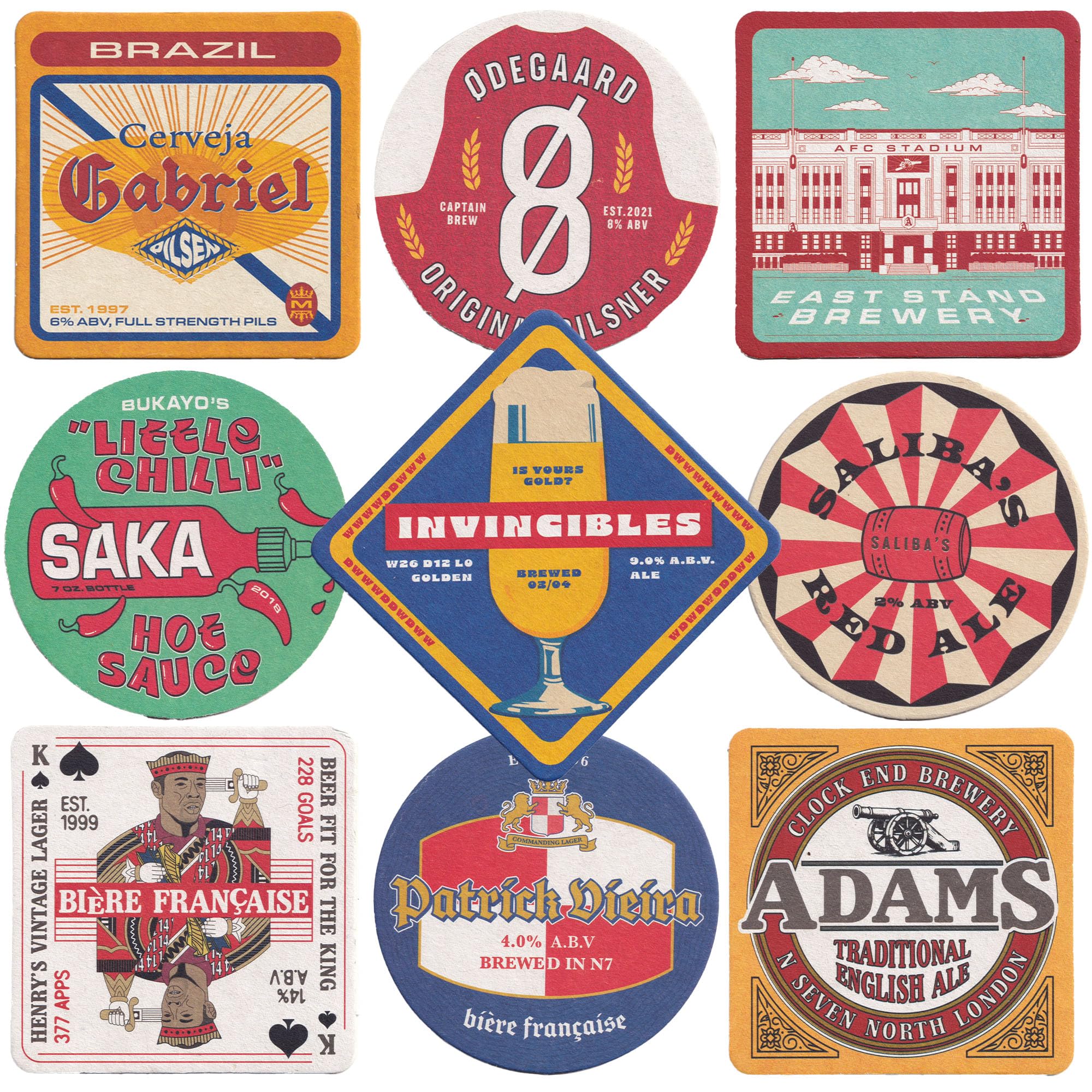 Arsenal Beer Mats x9-9 Double-Sided Mats, 18 Designs In Total