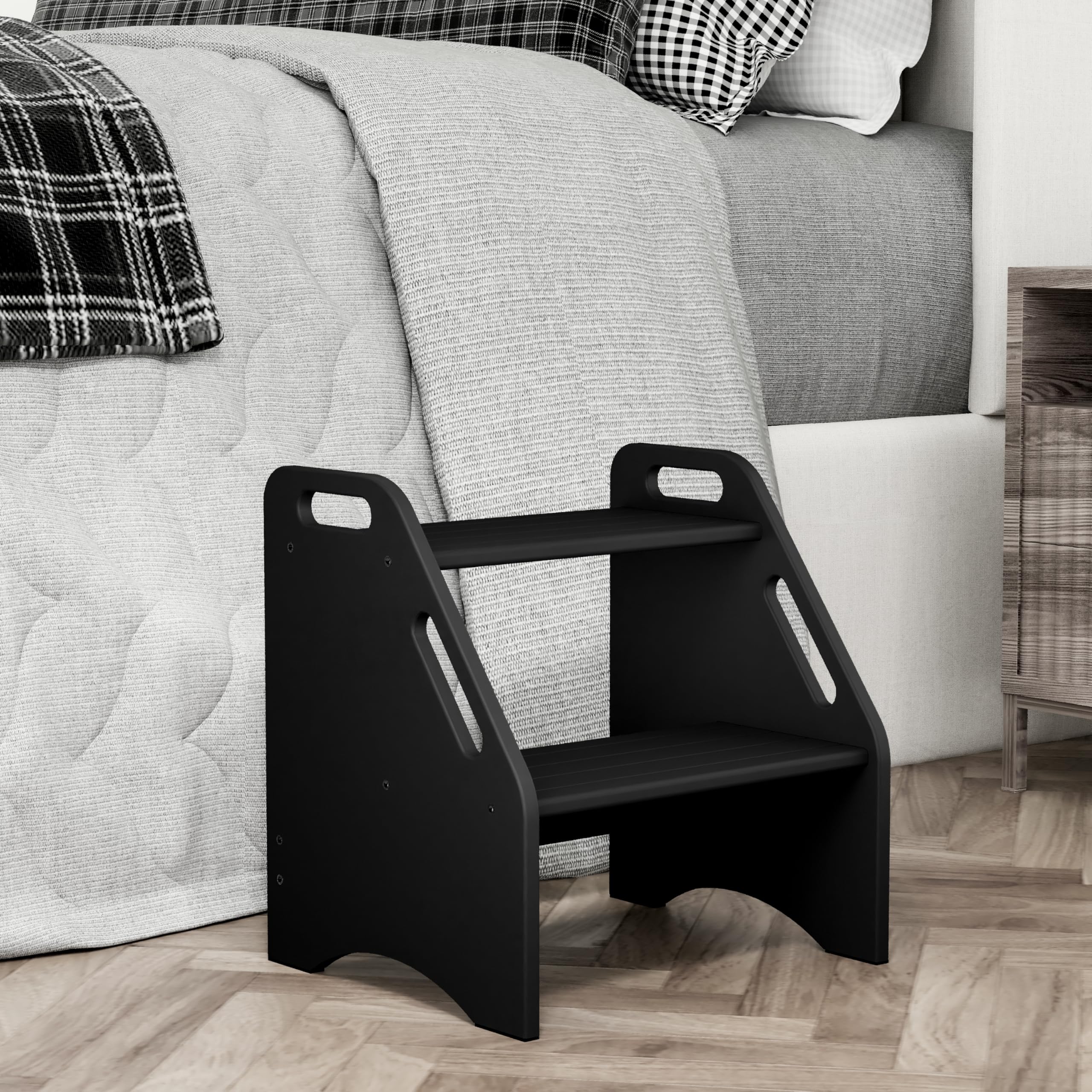 Photo 1 of AMBIRD Wooden Step Stool, 15.75'' H Potty Training Toddler 300 lbs Capacity with Safety Non-Slip Pads and Handles, Step Stools for Kids, Bamboo 2-Step Stool for Bathroom, High Beds (Black)