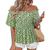 Bebonnie Women's Summer Sexy Off The Shoulder Peplum Tops Ruffle Sleeve Dressy Blouses