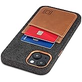 Dockem iPhone 14 Plus Fabric Card Case with Built-in Metal Plate for Magnetic Mounting, Stitched-on Genuine Leather Wallet with 2 Credit Card/ID Slots: M2F 14 Plus [Grey w/Light Brown]