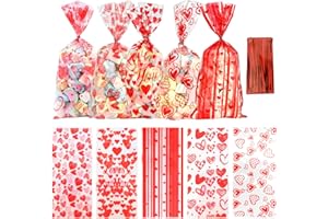 BOEIAC Valentine Treat Bags, 100 Pcs Valentines Cellophane Treat Bags, Valentines Candy Bags, Valentines Cookie Gift Bags with 100 Pcs Twist Ties for Valentines Wedding Party Favor Supplies, 5 Styles