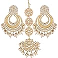 I Jewels Valentines Day Gifts For Her Gold Plated Indian Wedding Bollywood Matte Finish Kundan & Faux Pearl Bridal Chandbali Earrings with Maang Tikka Set for Women (TE2860-61)