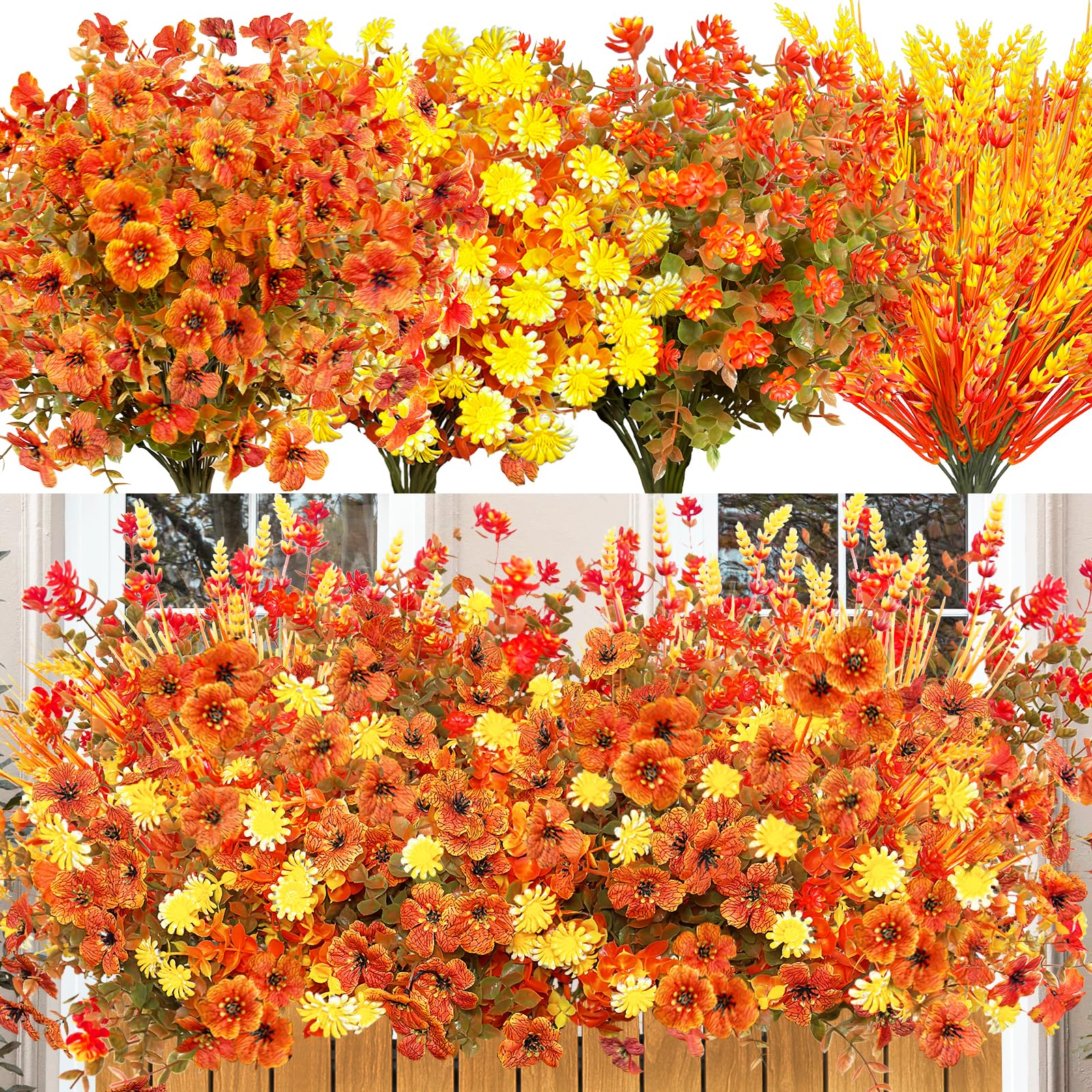 Photo 1 of 16 Bundles Fall Artificial Flowers for Outdoor, No Fade Faux Autumn Plants with Daisy Camellia Eucalyptus Lavender Stems for Front Door Porch Patio Yard Balcony Autumn Decor Thanksgiving Table