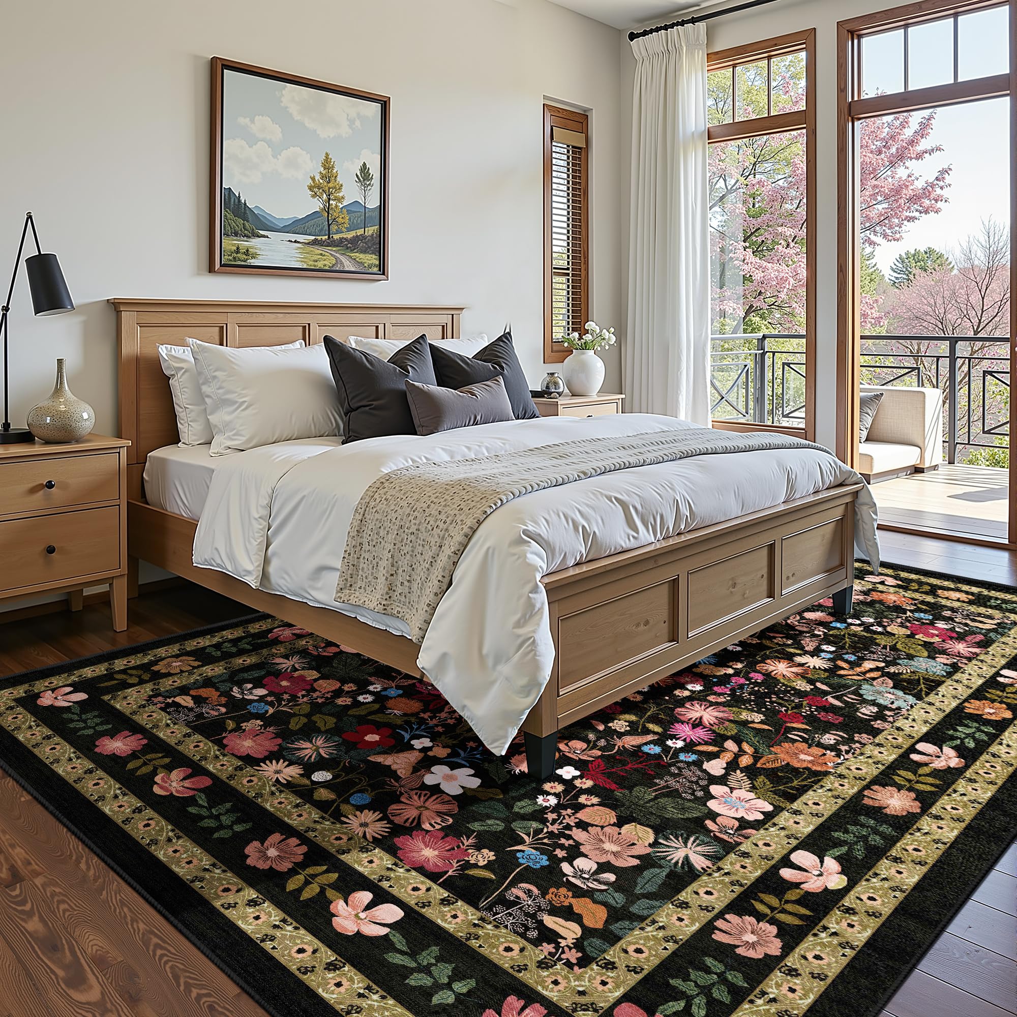 Photo 1 of Deerly Living Room Rug 5x7 Rug Washable Vintage Boho Area Rug Non Slip Black Floral Soft Low Pile Thin Large Bedroom Floor Mat Indoor for Dining Room Playroom Nursery Farmhouse, Black/Multi