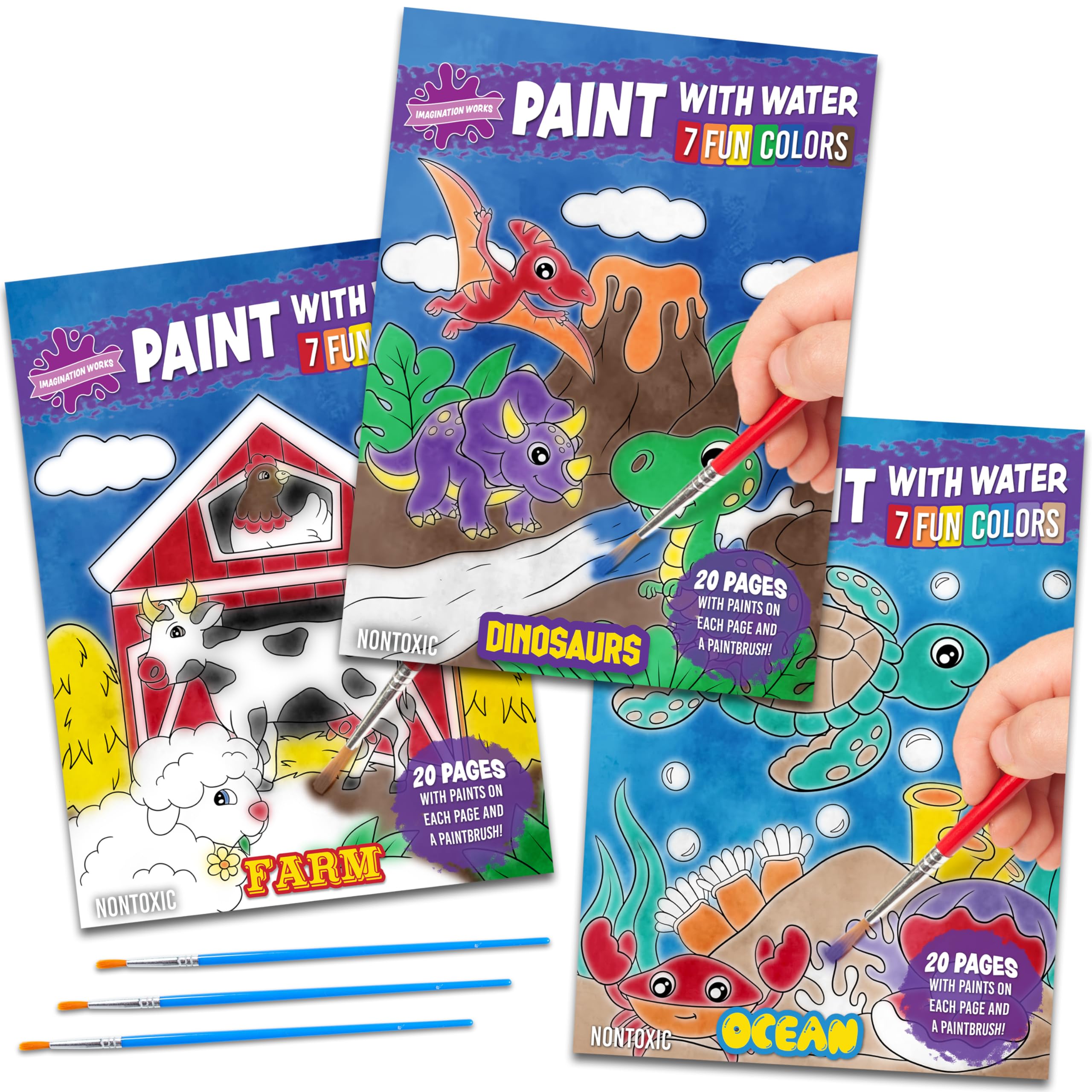 Imagination Works® Paint with Water Books for Kids, 3 Pack | Watercolor Coloring Book Set for Toddler Activities | Spillproof Kids Paint Palettes on Each Page | Travel Toys | Dinosaurs, Farm & Sea