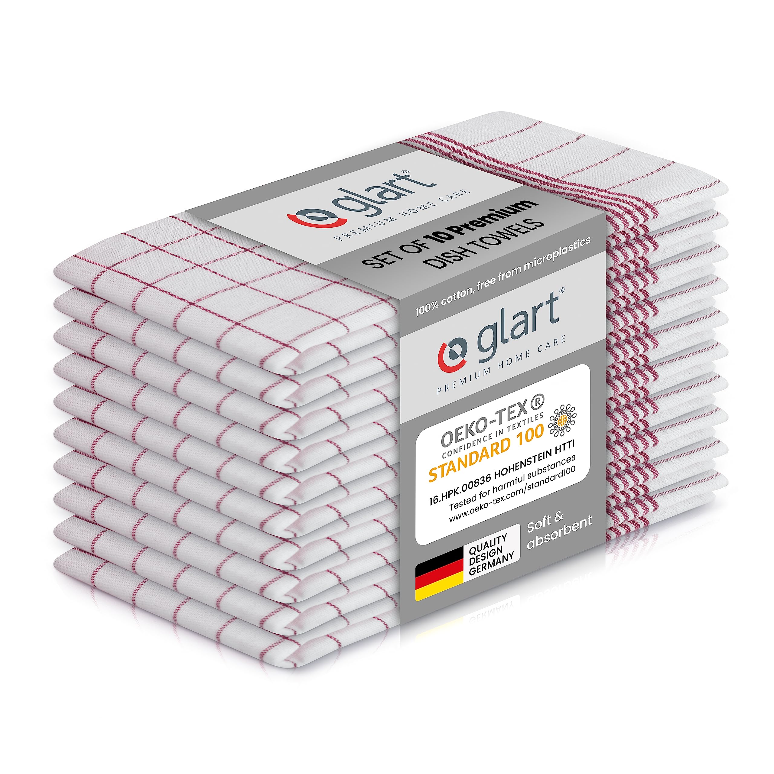 Glart 48KR2 Dish Towels 10-pack 50x70 cm red checkered - 100% cotton, OEKO-TEX certified, pre-washed, absorbent, washable, durable, with hanger, for household, kitchen, catering, office.