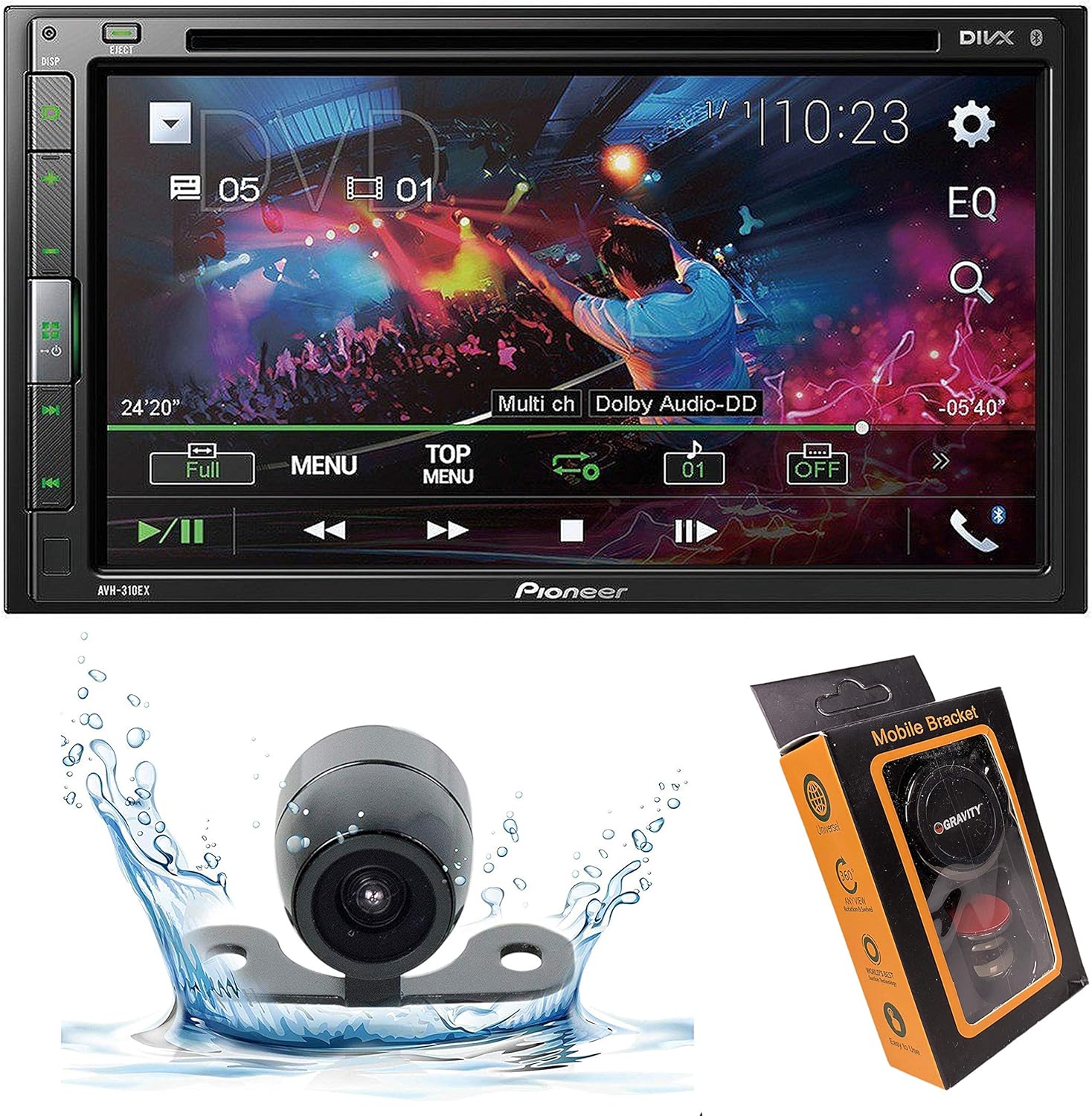 Pioneer AVH-310EX Double-DIN 6.8-inch in-Dash Car DVD Receiver with Built-in Bluetooth with HD Backup Camera and Gravity Mobile Phone Holder