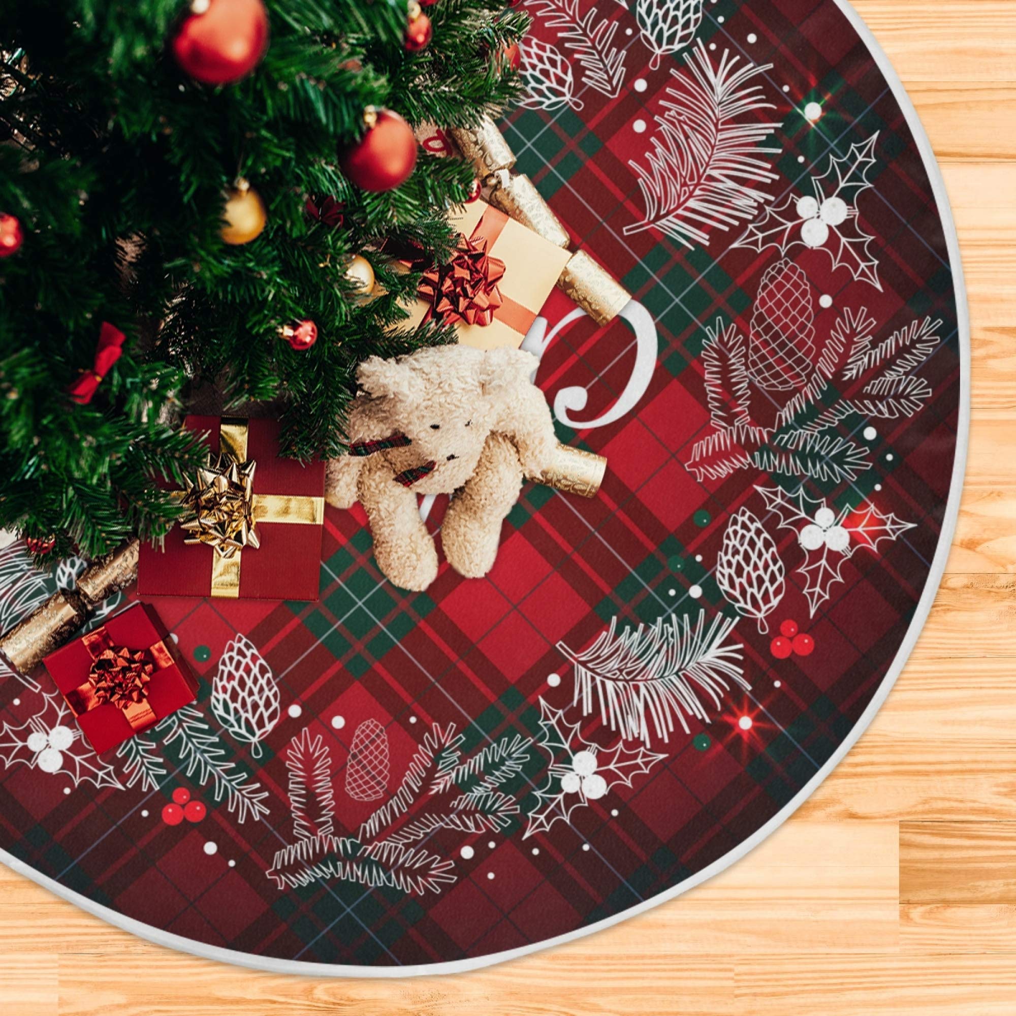 ALAZA Christmas Tree Skirts Monogram Wreath Tartan Plaid Large Wicker Xmas Tree Skirt Christmas Tree Mat For New Years Decorations Holiday Home Decor