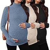 Sweetyweee 3 Pack Maternity T-Shirts Pregnancy Tops Women Sweater Long Sleeve Turtleneck Ribbed Finger Sleeve Outfits(Haze Blue, Apricot, Black,XX-Large)