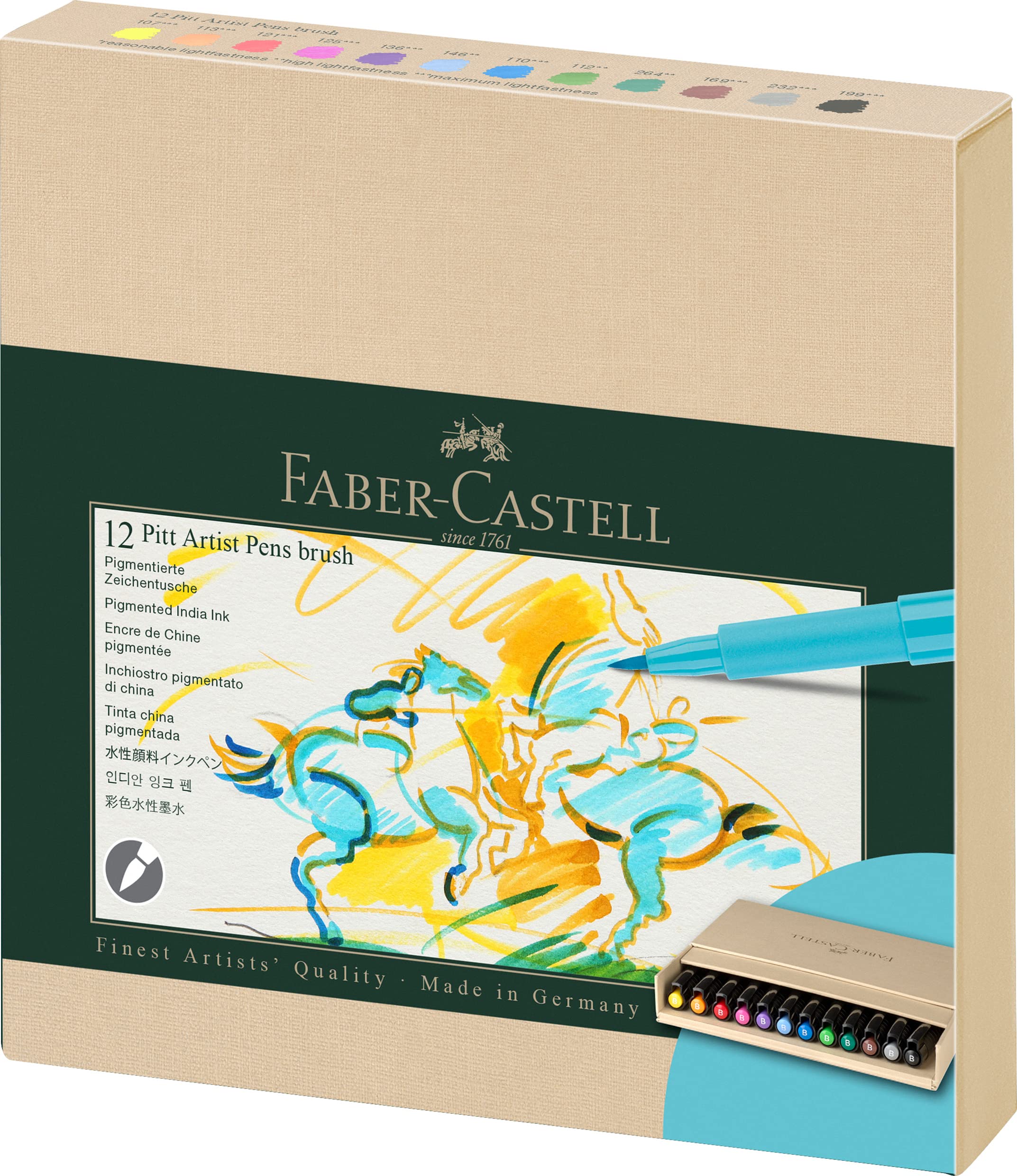 Faber-Castell Art & Graphic Pitt Artist Pen Brush India Ink Pen, Multicoloured, Studio Box of 12, Art, Craft, Drawing, Sketching, Home, School, University, Colouring