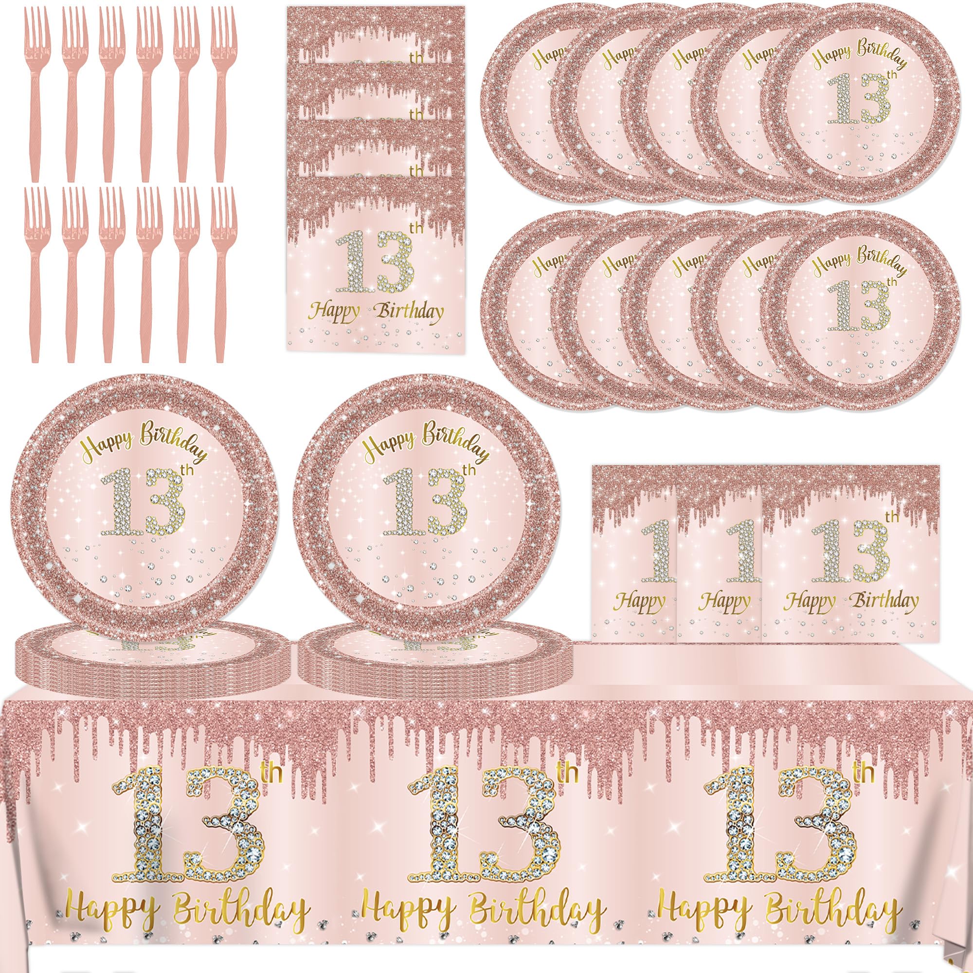 Photo 1 of 13th Birthday Decorations for Girls,61Pcs Rose Gold 13th Birthday Tableware Include Happy 13th Birthday Plates and Napkins,Tablecloth,Forks for 13 Year Old Birthday Decorations,Serve 20