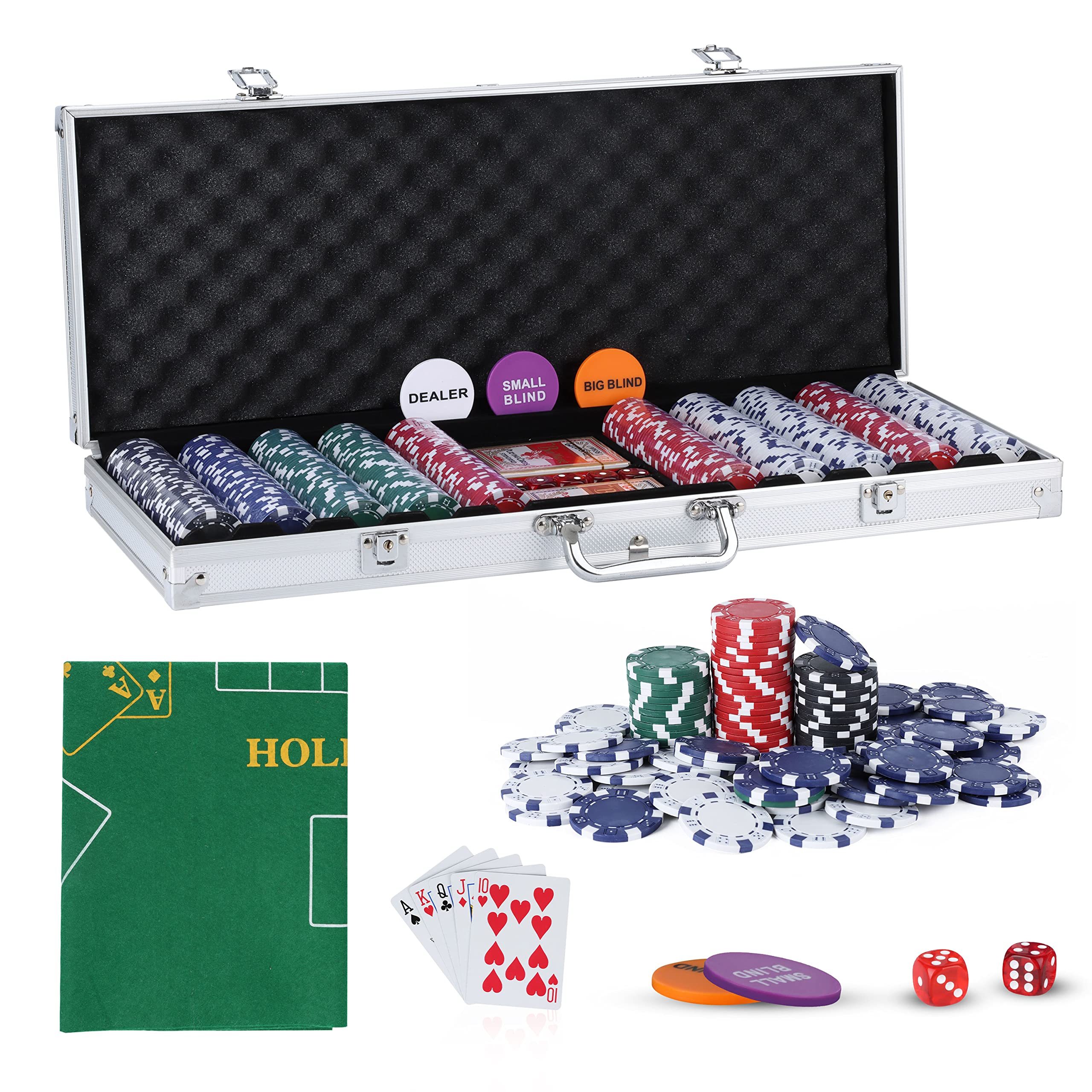 SILVER VALLEY Texas Holdem Poker Set, 500 Piece Set in Aluminium Case with 11.5g Heavyweight Chips, 1 double-sided reversible Flet Mat, 2 Decks Playing Cards, 5 Dice, Dealer, Big Small Blind Button — image 1