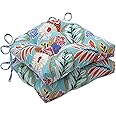 Pillow Perfect Bright Floral Indoor/Outdoor Chairpad with Ties Tufted, Weather, and Fade Resistant, 17" x 17.5", Blue/Orange Marlow 2 Count