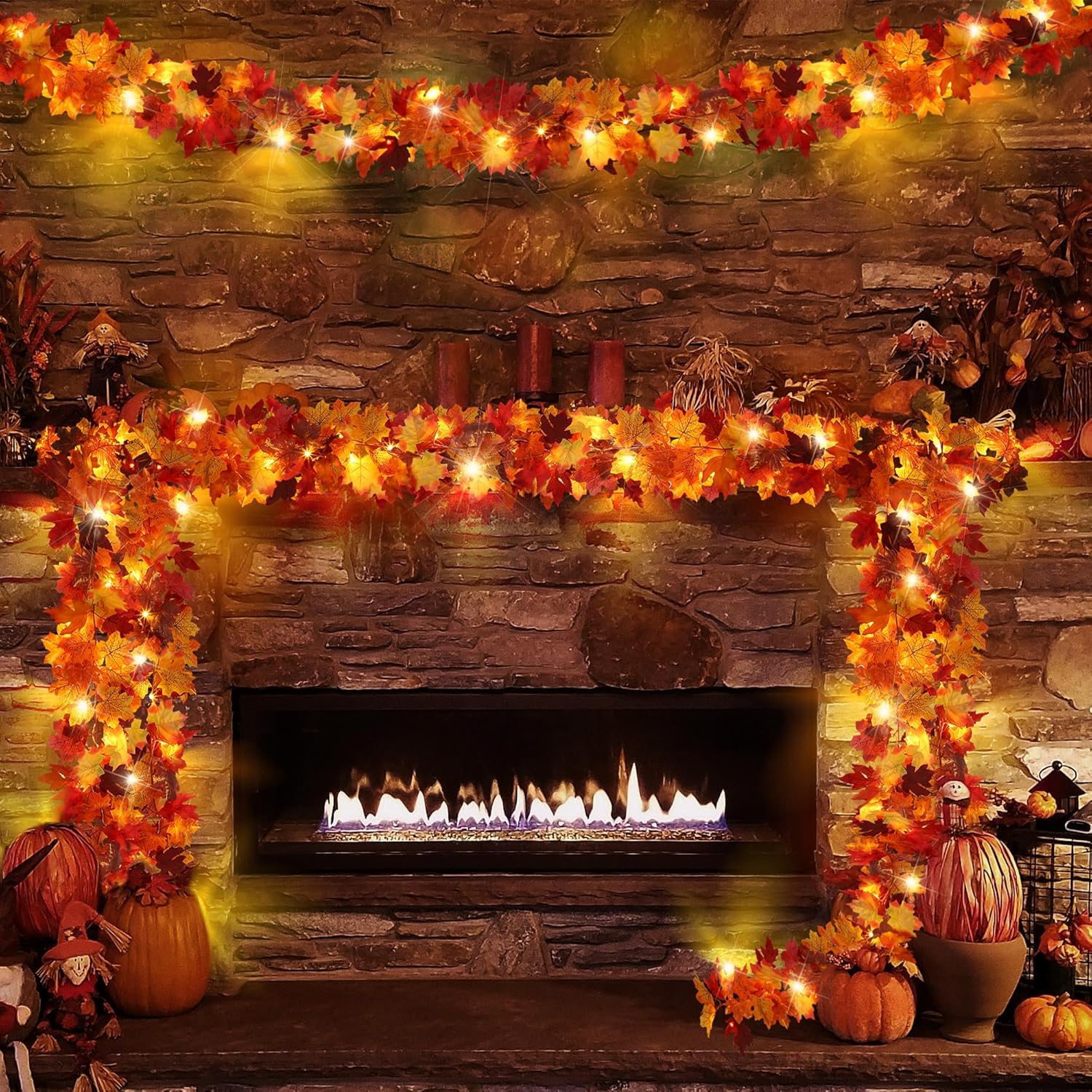 Wreaths, Garlands & Swags - Fovths 4 Pack Fall Maple Leaves Garland with LED Light 5.7 Feet Artificial Autumn Maple Garland Hanging Vine Foliage Garland with Hanging Hook for Indoor Outdoor Decor Fireplace Halloween Thanksgiving