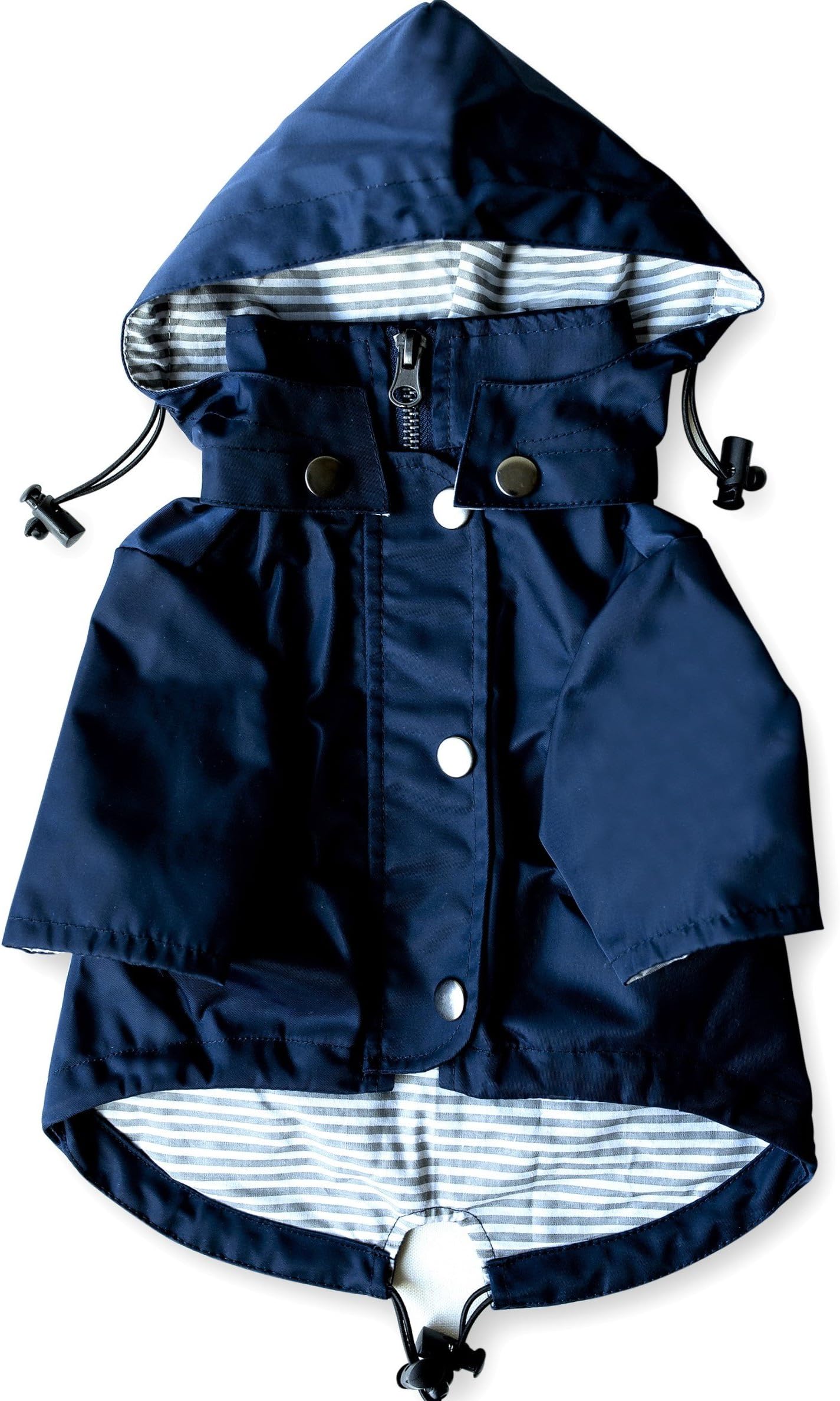 Navy Blue Zip Up Dog Raincoat with Reflective Buttons, Pockets, Rain/Water Resistant, Adjustable Drawstring, & Removable Hood - Size XS to XXL Available - Stylish Premium Dog Raincoats by Ellie