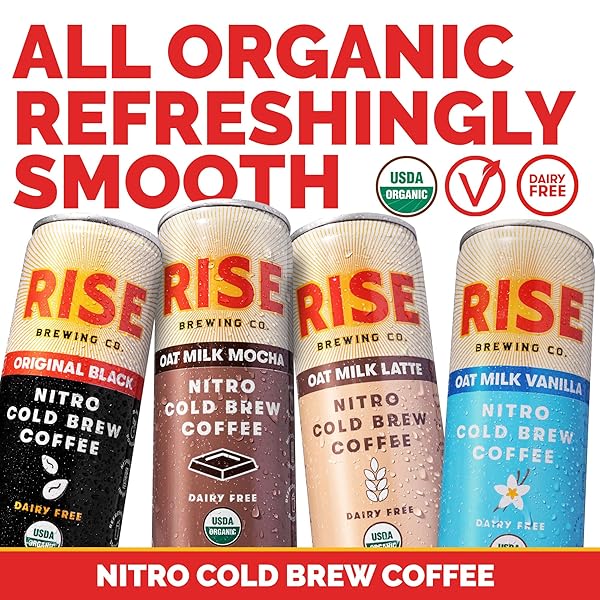 RISE BREWING CO. NITRO COLD BREW COFFEE, ORGANIC, NON-GMO, CLEAN ENERGY & LOW ACIDITY, 3X ORIGINAL BLACK, OAT MILK LATTE, OAT MILK MOCHA & OAT MILK VANILLA, 7 FL. OZ. CANS (12 PACK)