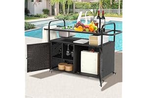 Villeston Wicker Outdoor Bar Cart with Ice Bucket, Patio Bar Table with 2 Ratten Doors Cabinet and Casters for Grill, Kitchen and Garden,Black