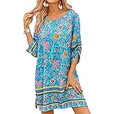 HOTOUCH Women Casual Beach Summer Dress Boho V Neck 3/4 Long Sleeve Short Floral Print Flowy Swimsuit Cover Up Sundress