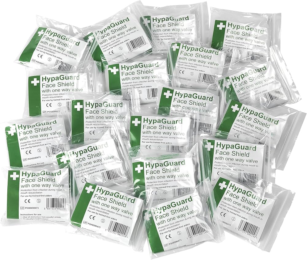 Safety First Aid Group HypaGuard Face Shield Pack of 20 One-Way Valve Masks