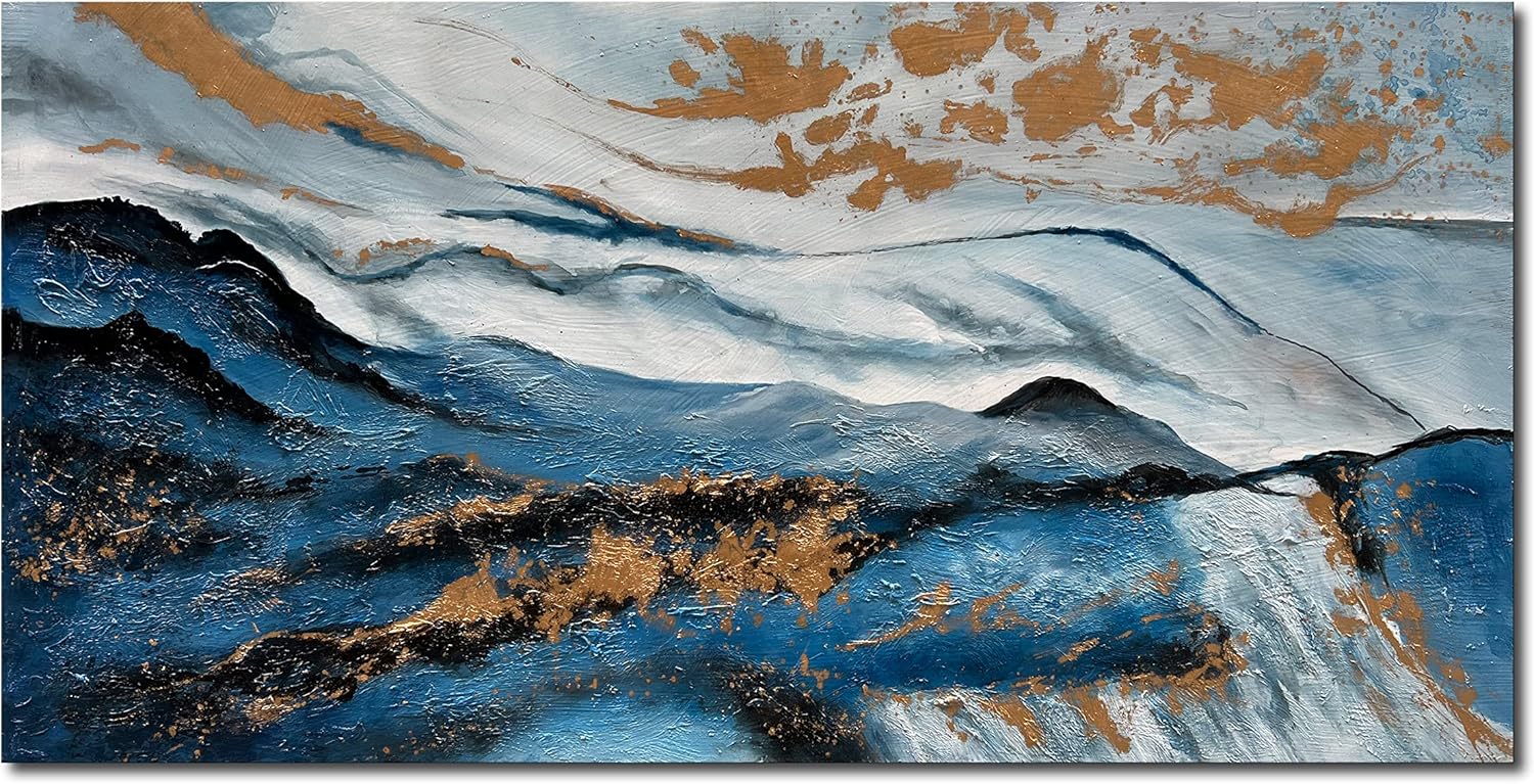 Paintings - NANKAI blue and gold abstract canvas art wall, modern landscape oil painting, living room bedroom office modern landscape wall decoration, ready to hang 24x48 inches