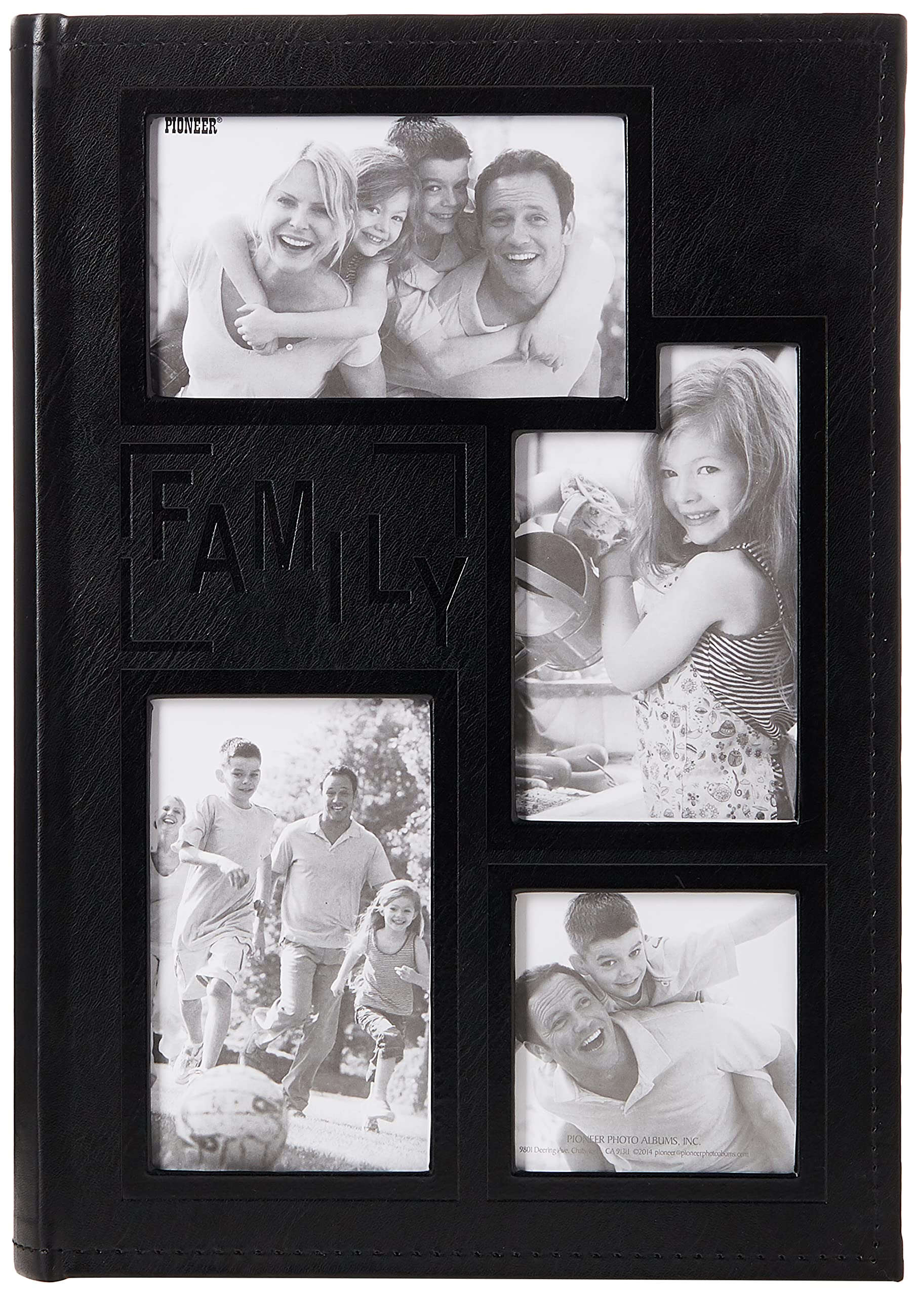 Pioneer Collage Frame Embossed "Family" Sewn Leatherette Cover 300 Pocket Photo Album, Black