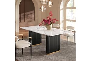 Morden Fort 70" Dining Table for 6, Faux Marble Kitchen Table with Black Fluted Base and White Rectangle Top for Ktichen, Din