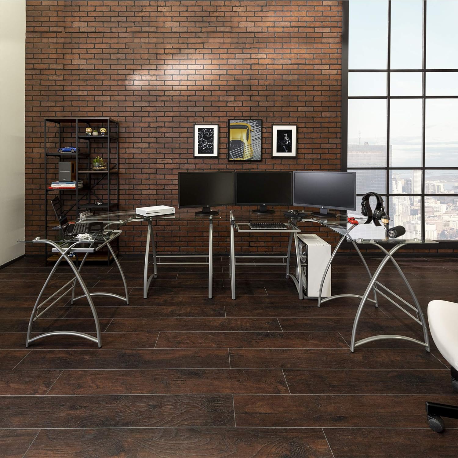 Walker Edison Furniture Company Modern Corner L Shaped Glass Computer Writing Gaming Gamer Command Center Workstation Desk Home Office, 51 Inch, Silver: Furniture & Decor