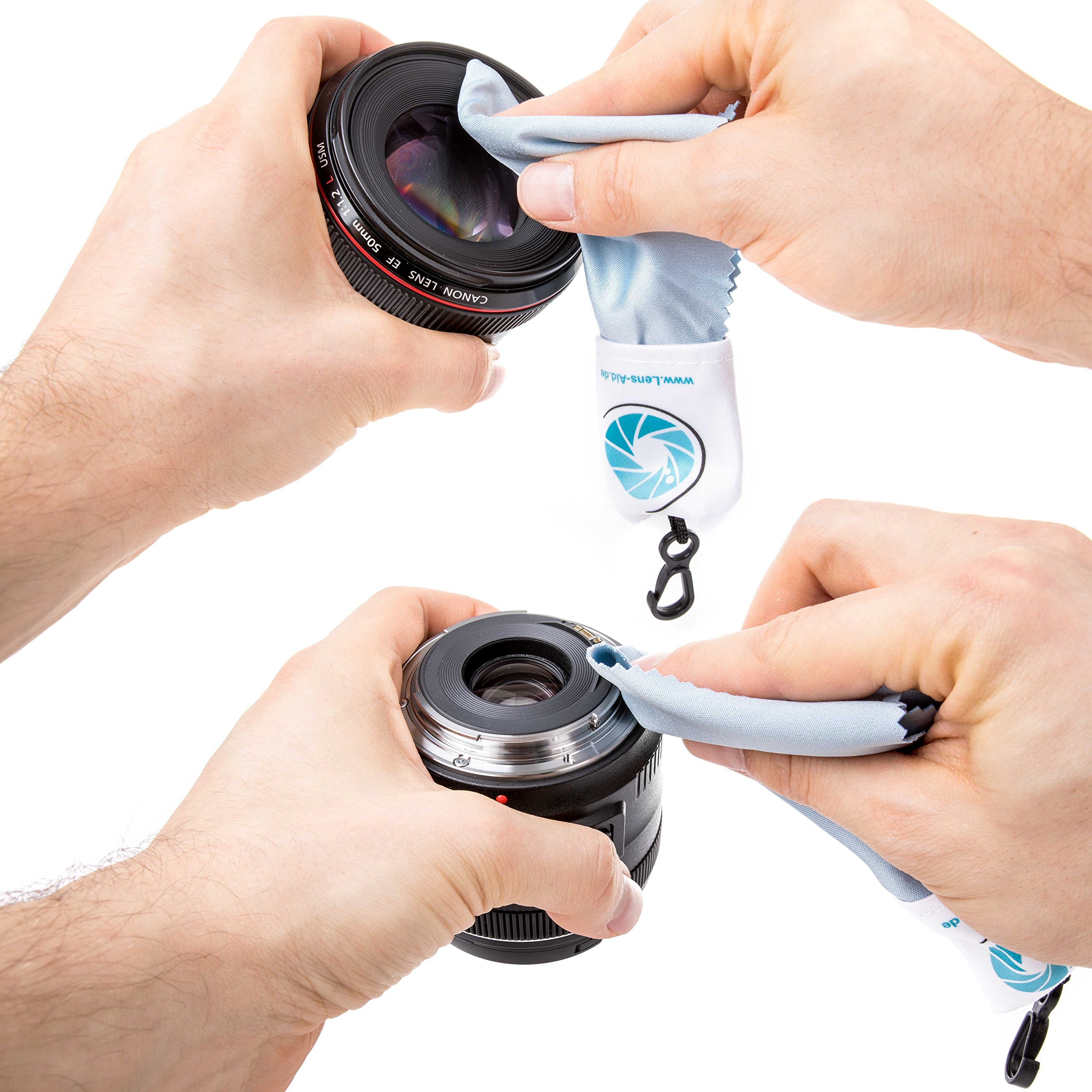 Mikrofaser Reinigungstuch mit Aufbewahrungsbeutel und Karabiner von Lens-Aid: Für Kamera, Objektiv, Display, Notebook, Smartphone und als Brillen-Putztuch zur Reinigung (1x Mikrofasertuch)