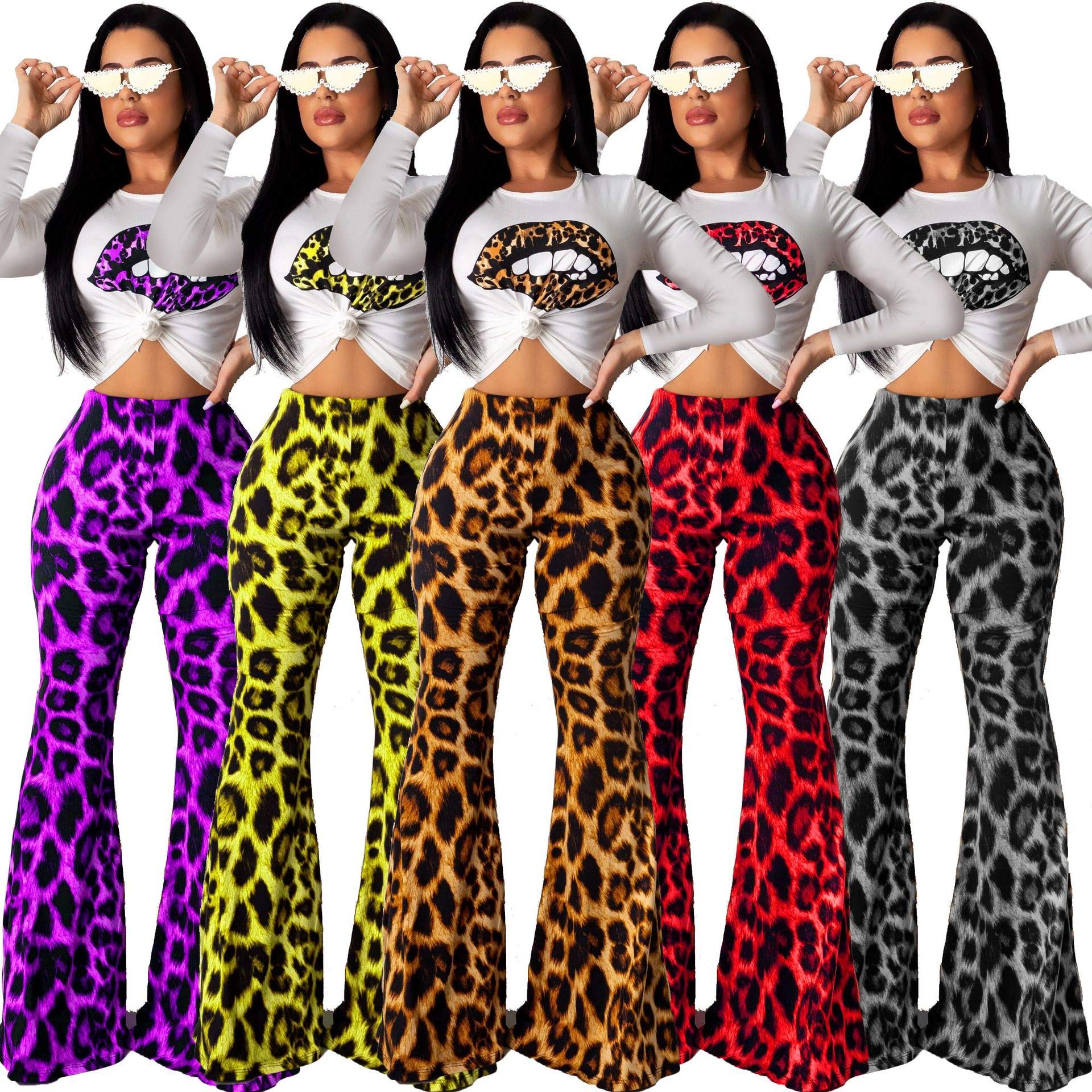 Women Sexy 2 Piece Sets - Casual Jumpsuits Leopard Outfits Long Sleeve Shirt Pant Yellow 2XL