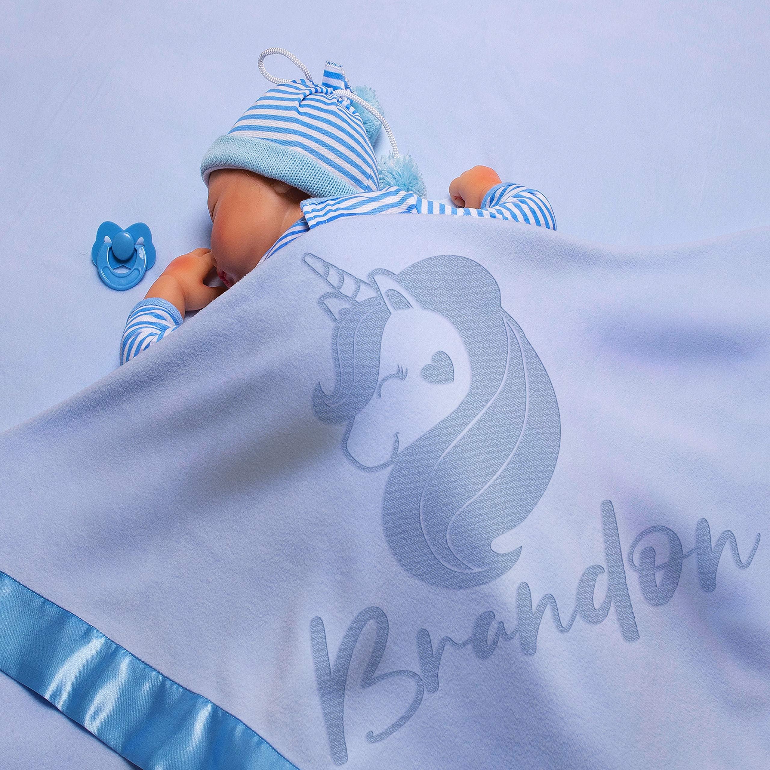 Personalized Baby Blankets w/Name - Large Baby Receiving Blanket - 36x36 in | Satin Trim, Fleece | Blue - Baby Boy Gifts, Baby Shower Gift, Baby Stuff, Welcome Baby Gifts for Newborns | Happy Unicorn