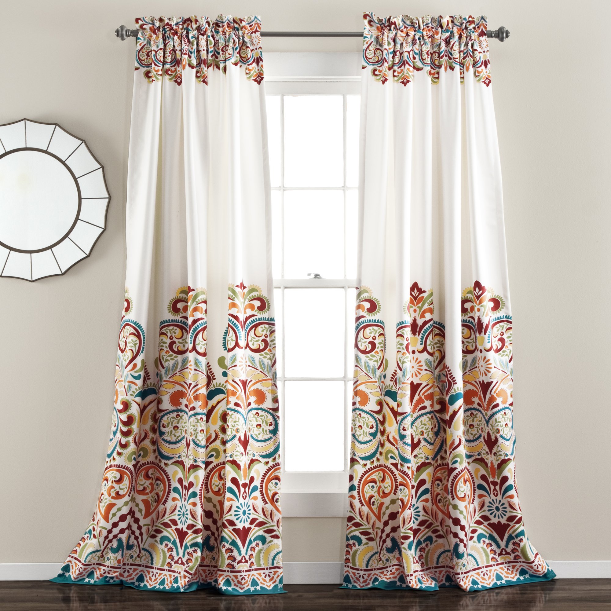 Lush Decor Clara Curtains Paisley Damask Print Bohemian Style Room Darkening Window Panel Set for Living, Dining, Bedroom (Pair), 52" W x 95" L, Turquiose & Tangerine