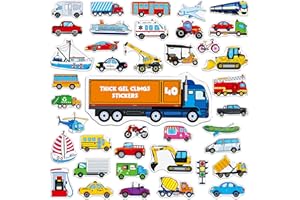 HEBAYY 40PCS Vehicle Jelly Stickers, Transportation Tools Thick Window Door Clings Removable Reusable Gel Decals for Kids Toddlers Adults Home Classroom Nursery Party Supplies (Not Edible)