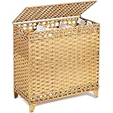 Laundry Hamper with 3 Removable Liner Bags; 132L Handwoven Rattan Laundry Basket with Lid & Heightened Feet; Clothes Hamper with Side Handles; Laundry Sorter with 3 Separate Sections (Natural)