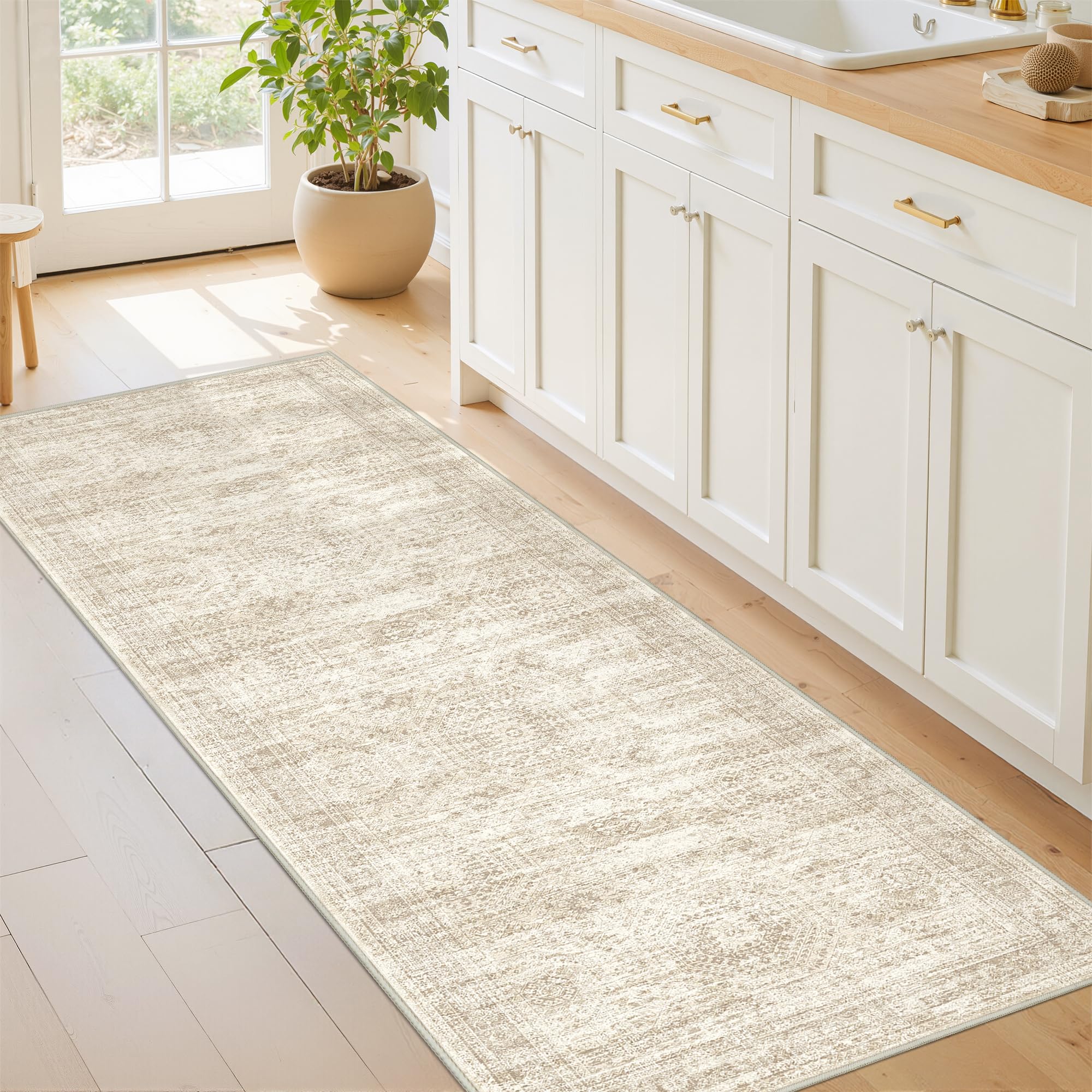 Photo 1 of Restydon Kitchen Runner Rug Non Slip - 2.5 x 8 Runners for Hallways, Entryway, Bedroom, Washable Runner Rugs for Bathroom, Laundry Room, Low Pile Soft Vintage Area Rug(2.5'x8', Beige/Ivory)