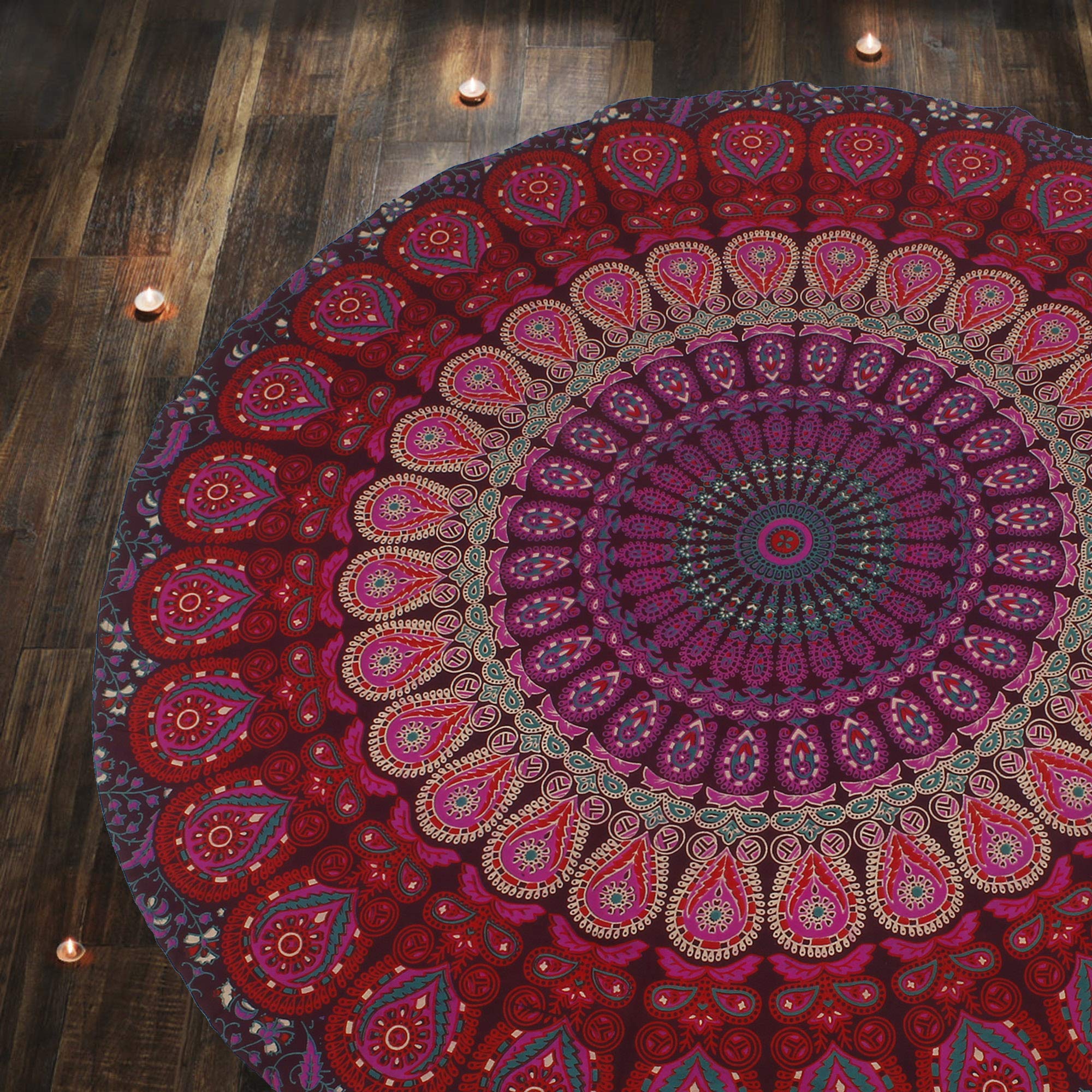 RAJRANG Peacock Round Tapestry - Mandala Roundie Boho Hippie Tablecloth Pure Cotton Beach Throws for Picnic and Camping - Pink and Purple - 122 cm