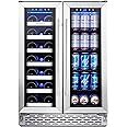 Phiestina Wine and Beverage Refrigerator | 24 Inch Built-In Dual Zone Wine Beer Cooler Refrigerator | Free Standing French Do