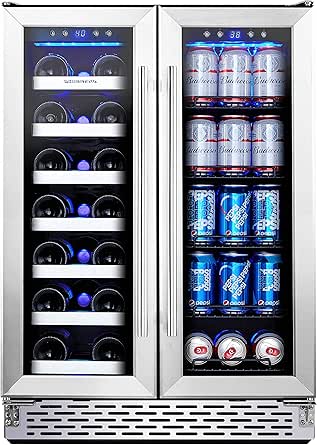 Phiestina Wine and Beverage Refrigerator | 24 Inch Built-In Dual Zone Wine Beer Cooler Refrigerator | Free Standing French Door Drink Fridge with Digital Memory Temperature Control