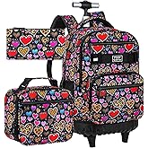 FTJCF 3Pcs Rolling Backpack for Girls, 19 Inche Women Roller Bag with Wheels for Adults, Wheeled Bookbag with Lunch Box(Brown)